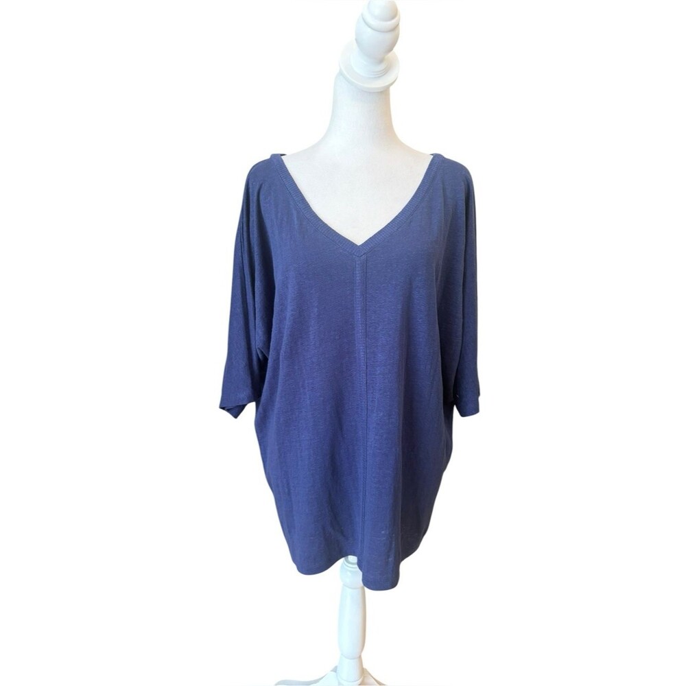 Eileen Fisher Linen V Neck Top Navy Blue Slub Knit Short Sleeve Womens Large